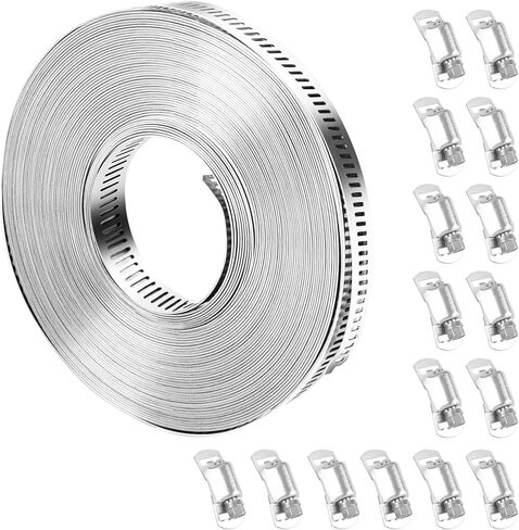 Worm Gear Clamp, DIY Hose Clamp Kit Stainless Steel Hose Clamps, Long Hose Clamps Cut-to-Fit 50 Ft Metal Strap + 24 Stronger Hose Fasteners - Large Metal Adjustable Clamp for Pipe, Duct, Tube in Kuwait