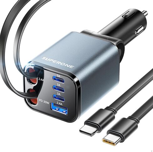 SUPERONE Retractable Car Charger, [Ultra-Compact] 6-Port Car Charger USB C, iPhone Car Chargers Fast Charging with Dual USB C Cables, Car Accessories Phone Chargers for iPhone 16/15/14/13/12 Series in Saudi Arabia