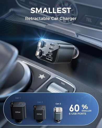 SUPERONE Retractable Car Charger, [Ultra-Compact] 6-Port Car Charger USB C, iPhone Car Chargers Fast Charging with Dual USB C Cables, Car Accessories Phone Chargers for iPhone 16/15/14/13/12 Series in Saudi Arabia
