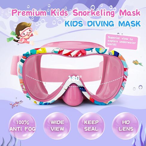 Kids Swim Goggles with Nose Cover, 180° Panoramic Snorkel Mask with Anti-Fog & Anti-Leak Design, Comfort Fabric Strap UV Protection Lens for Boys Girls Ages 3-15 in Kuwait