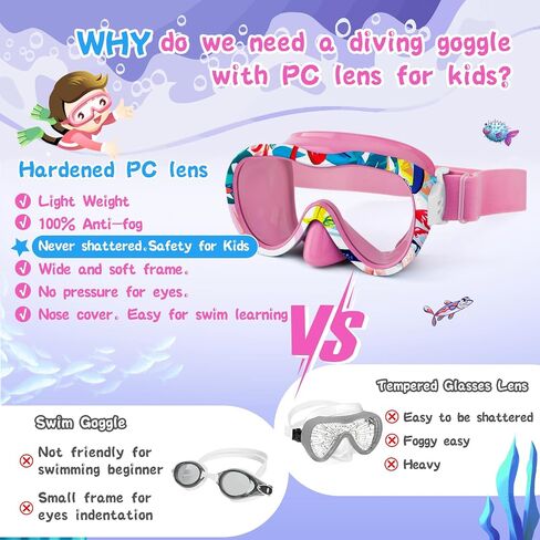 Kids Swim Goggles with Nose Cover, 180° Panoramic Snorkel Mask with Anti-Fog & Anti-Leak Design, Comfort Fabric Strap UV Protection Lens for Boys Girls Ages 3-15 in Kuwait