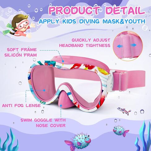 Kids Swim Goggles with Nose Cover, 180° Panoramic Snorkel Mask with Anti-Fog & Anti-Leak Design, Comfort Fabric Strap UV Protection Lens for Boys Girls Ages 3-15 in Kuwait