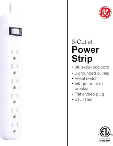 GE 6-Outlet Power Strip with USB, 1 USB-A & 1 USB-C Port, 4ft Braided Extension Cord, Circuit Breaker, Wall Mountable, ETL Certified, White, 85706 in Saudi Arabia