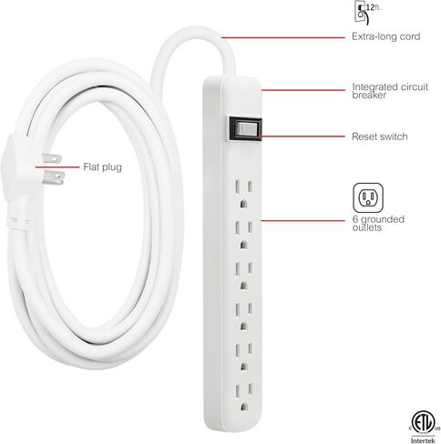 GE 6-Outlet Power Strip with USB, 1 USB-A & 1 USB-C Port, 4ft Braided Extension Cord, Circuit Breaker, Wall Mountable, ETL Certified, White, 85706 in Saudi Arabia