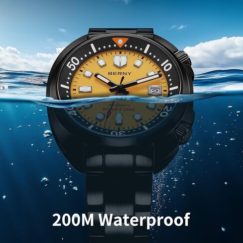 BERNY Automatic Watch for Men 200M Waterproof Dive Watch Men's Analog Mechanical Wristwatch with Super Luminous Full Stainless Steel, AR Coating Sapphire Crystal Date Calender Fashion Birthday Present in Saudi Arabia