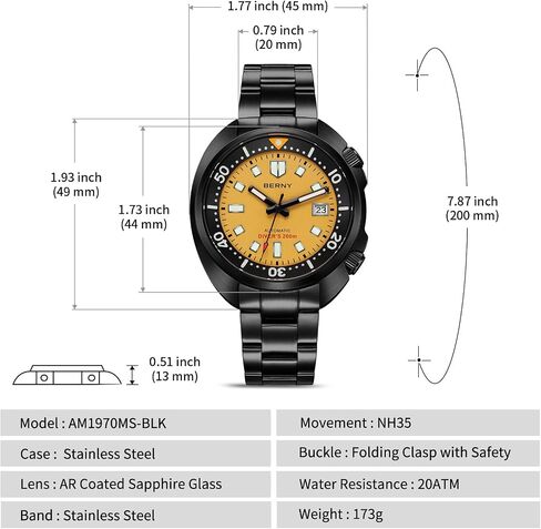 BERNY Automatic Watch for Men 200M Waterproof Dive Watch Men's Analog Mechanical Wristwatch with Super Luminous Full Stainless Steel, AR Coating Sapphire Crystal Date Calender Fashion Birthday Present in Saudi Arabia