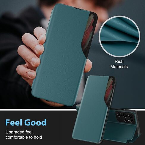 S21 Ultra Flip Case for Samsung Galaxy S21 Ultra 5G Case, Clear View Slim Fit Leather Cover for Samsung S21 Ultra Phone Case with Kickstand Rugged Heavy Duty Shockproof Bumper Shell, 6.8 Inch (Black) in Saudi Arabia