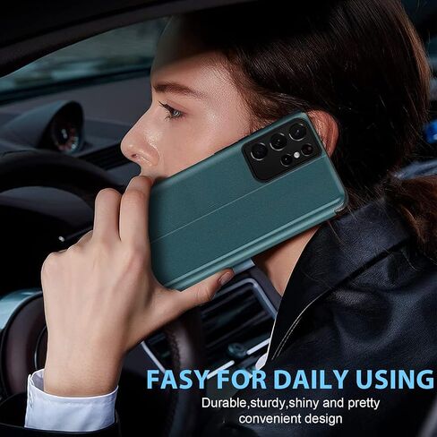 S21 Ultra Flip Case for Samsung Galaxy S21 Ultra 5G Case, Clear View Slim Fit Leather Cover for Samsung S21 Ultra Phone Case with Kickstand Rugged Heavy Duty Shockproof Bumper Shell, 6.8 Inch (Black) in Saudi Arabia