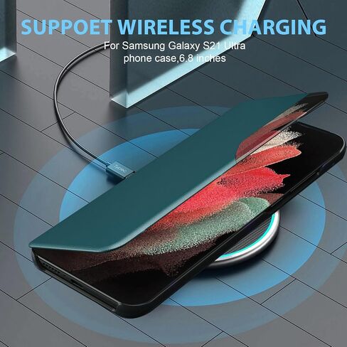 S21 Ultra Flip Case for Samsung Galaxy S21 Ultra 5G Case, Clear View Slim Fit Leather Cover for Samsung S21 Ultra Phone Case with Kickstand Rugged Heavy Duty Shockproof Bumper Shell, 6.8 Inch (Black) in Saudi Arabia