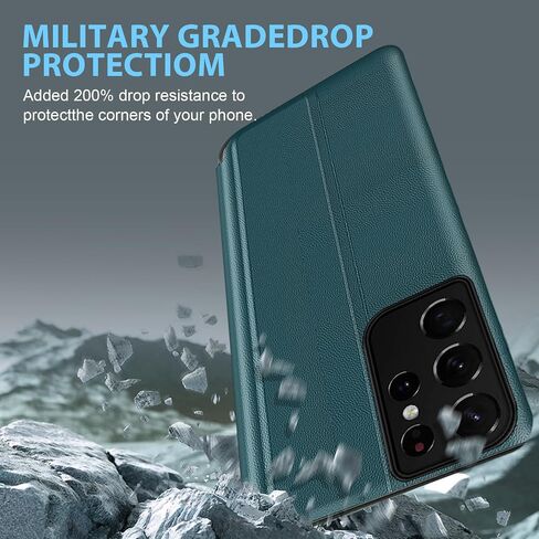 S21 Ultra Flip Case for Samsung Galaxy S21 Ultra 5G Case, Clear View Slim Fit Leather Cover for Samsung S21 Ultra Phone Case with Kickstand Rugged Heavy Duty Shockproof Bumper Shell, 6.8 Inch (Black) in Saudi Arabia