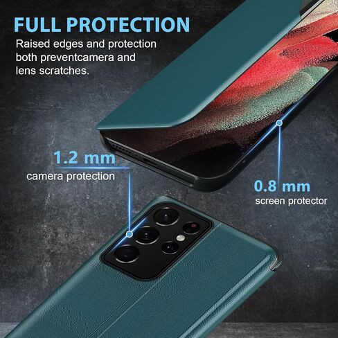 S21 Ultra Flip Case for Samsung Galaxy S21 Ultra 5G Case, Clear View Slim Fit Leather Cover for Samsung S21 Ultra Phone Case with Kickstand Rugged Heavy Duty Shockproof Bumper Shell, 6.8 Inch (Black) in Saudi Arabia