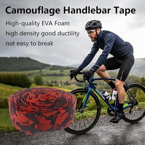 2 Rolls Camouflage EVA Road Bike Handlebar Tape with Bar Plugs, Comfortable Grip Cycling Handle Wraps for Road, Mountain, BMX Bikes(Black & Red) in Saudi Arabia