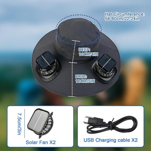 Solar Fan Hat, Wide Brim Solar Fan Outdoor Fishing Hat with 2 Fans Solar Power, Waterproof Outdoor Hiking Camping Fishing Hat Gray in Kuwait