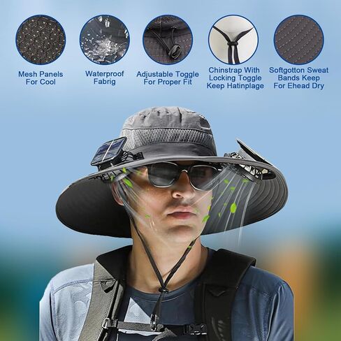 Solar Fan Hat, Wide Brim Solar Fan Outdoor Fishing Hat with 2 Fans Solar Power, Waterproof Outdoor Hiking Camping Fishing Hat Gray in Kuwait