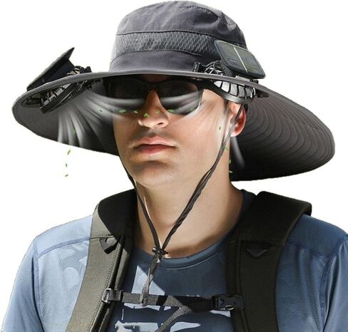 Solar Fan Hat, Wide Brim Solar Fan Outdoor Fishing Hat with 2 Fans Solar Power, Waterproof Outdoor Hiking Camping Fishing Hat Gray in Kuwait