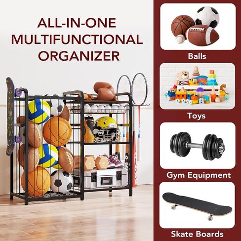 Garage Sports Equipment Organizer, Ball Storage for Gear and Toys, Large Capacity, Sports Organizer for Garage with Hooks and Baskets, for golf, Football, Soccer Ball, Bat in Saudi Arabia