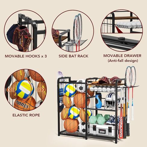 Garage Sports Equipment Organizer, Ball Storage for Gear and Toys, Large Capacity, Sports Organizer for Garage with Hooks and Baskets, for golf, Football, Soccer Ball, Bat in Saudi Arabia