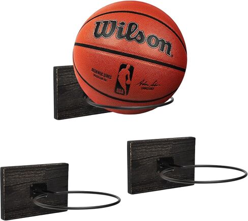 GENMOUS Set of 3 Wooden Basketball Holder, Wall Mounted Basketball Display for Men Boys Room Decor, Metal Ball Rack Stand for Football Volleyball Soccer Storage, Sports Decor for Home Bedroom (Wood) in Kuwait