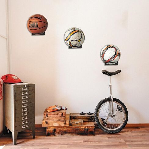 GENMOUS Set of 3 Wooden Basketball Holder, Wall Mounted Basketball Display for Men Boys Room Decor, Metal Ball Rack Stand for Football Volleyball Soccer Storage, Sports Decor for Home Bedroom (Wood) in Kuwait
