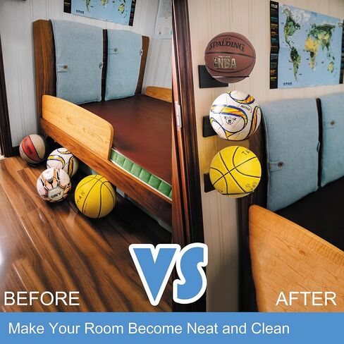 GENMOUS Set of 3 Wooden Basketball Holder, Wall Mounted Basketball Display for Men Boys Room Decor, Metal Ball Rack Stand for Football Volleyball Soccer Storage, Sports Decor for Home Bedroom (Wood) in Kuwait