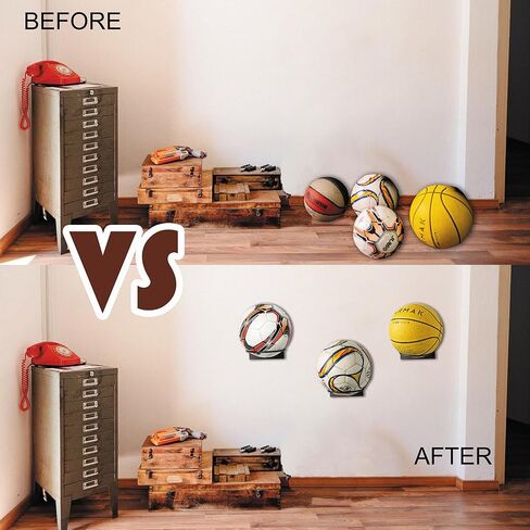 GENMOUS Set of 3 Wooden Basketball Holder, Wall Mounted Basketball Display for Men Boys Room Decor, Metal Ball Rack Stand for Football Volleyball Soccer Storage, Sports Decor for Home Bedroom (Wood) in Kuwait