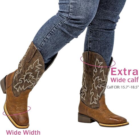 shesole poots wide wide cowboy boots for women - square toe & Classic Ticking with Earth Tones ، Insovable Cushion Insoles | الراحة الفسيحة للعجول الكاملة in Saudi Arabia