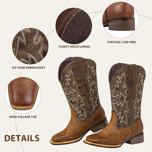 shesole poots wide wide cowboy boots for women - square toe & Classic Ticking with Earth Tones ، Insovable Cushion Insoles | الراحة الفسيحة للعجول الكاملة in Saudi Arabia