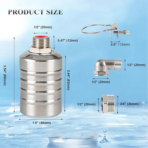 1PCS Automatic Water Level Control Valve, 1/2" to 3/4'' Water Trough Float Valve, 304 Stainless Steel Float Valve for Water Tank, Pool, Livestock in Kuwait