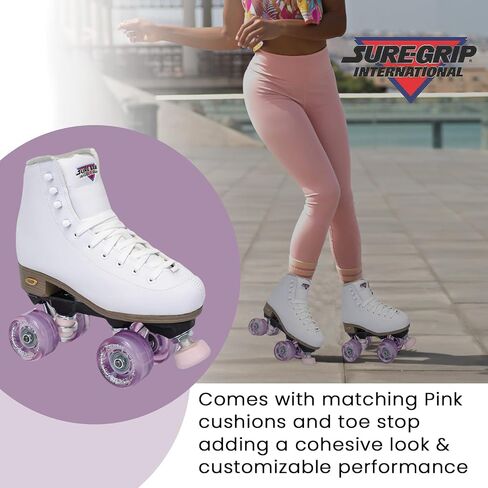 Sure-Grip Fame White Outdoor Unisex Roller Skates with Pink Motion Wheels - Vegan Boot with Microfiber Lining - Rock Nylon Plates & Aluminum Trucks - Matching Pink Cushions and Toe Stop in Saudi Arabia
