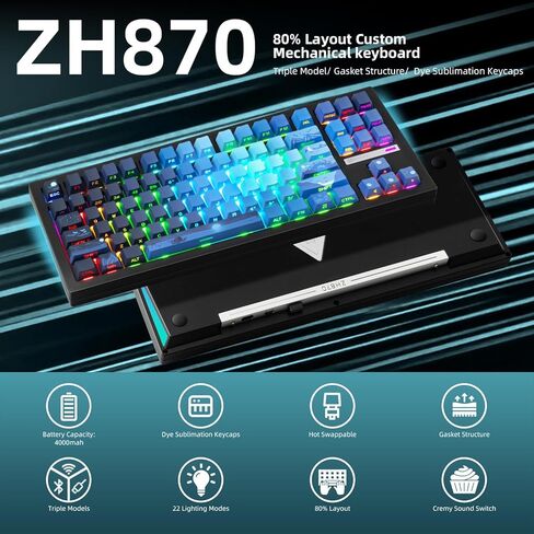 Zornher ZH870 لوحة مفاتيح ألعاب ميكانيكية لاسلكية ، 80 ٪ من لوحة المفاتيح الصوتية الوردي والأرجواني المخصصة مع تألق من خلال كبسولات مفاتيح PBT ، مفاتيح خطية مسبقة ، قابلة للتبديل ، RGB الخلفية ، 2.4 جيجا هرتز/USB-C/BT5.0 in Kuwait