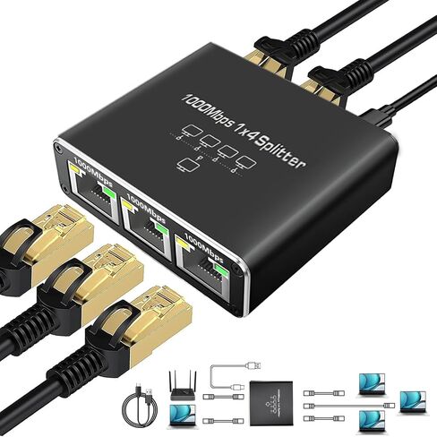 Gigabit Ethernet Splitter 1 to 2, 1000Mbps Ethernet Splitter High Speed -2 Devices Simultaneously Networking,Either Internet Splitter with USB Power Cable, RJ45 LAN Splitter for Cat 5e/5/6/7/8 Cable in Saudi Arabia