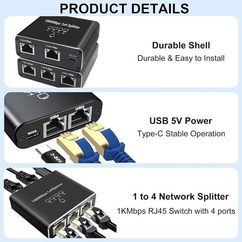 Gigabit Ethernet Splitter 1 to 2, 1000Mbps Ethernet Splitter High Speed -2 Devices Simultaneously Networking,Either Internet Splitter with USB Power Cable, RJ45 LAN Splitter for Cat 5e/5/6/7/8 Cable in Saudi Arabia
