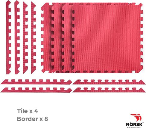 حصيرة تمرين قابلة للانعكاس Norsk 3/4 "البلاط الرغوي Eva المتداخلة السميك ، أرضيات صالة رياضية مثالية ، 4 بلاط و 8 قطع تقليم ، 16 قدمًا مربعًا. 24" x24 "، رمادي/أسود in Saudi Arabia