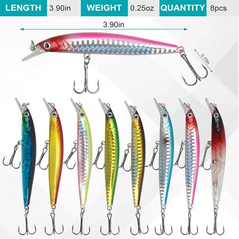 Fishing Lures Kit Hard Bait Set 8pcs Minnow Crankbait Jerkbaits Swimbaits Popper Pencil Artificial Bait Kit for Bass Trout Walleye Redfish Saltwater Freshwater Fishing Lures in Saudi Arabia