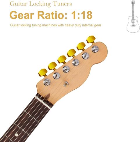 SAPHUE 6R Guitar Locking Tuners 1:18 Lock String Tuning Key Pegs Machine Head with Hexagonal Handle Replacement for Electric Folk or Acoustic Guitars (Gold) in Kuwait