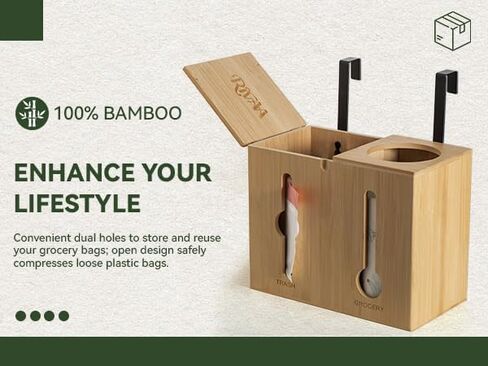 RIVAA Eco-Friendly Bamboo Trash Bag Holder - Complete with Built-in Dispenser, Removable Hinged Lid, and Sleek Design for Space Saving and Convenience! in Saudi Arabia