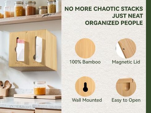 RIVAA Eco-Friendly Bamboo Trash Bag Holder - Complete with Built-in Dispenser, Removable Hinged Lid, and Sleek Design for Space Saving and Convenience! in Saudi Arabia