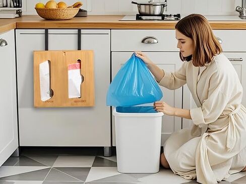 RIVAA Eco-Friendly Bamboo Trash Bag Holder - Complete with Built-in Dispenser, Removable Hinged Lid, and Sleek Design for Space Saving and Convenience! in Saudi Arabia