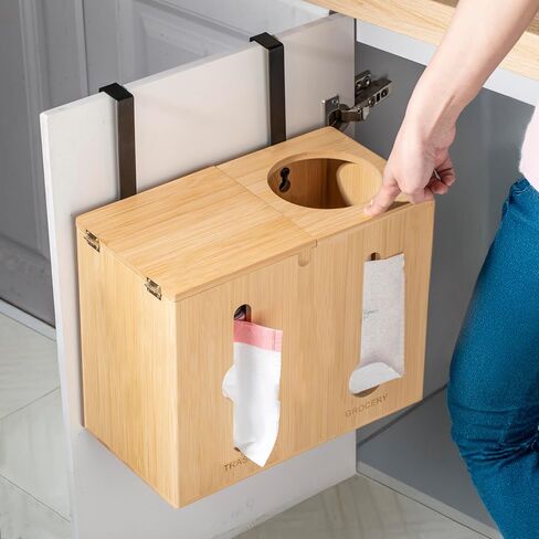 RIVAA Eco-Friendly Bamboo Trash Bag Holder - Complete with Built-in Dispenser, Removable Hinged Lid, and Sleek Design for Space Saving and Convenience! in Saudi Arabia