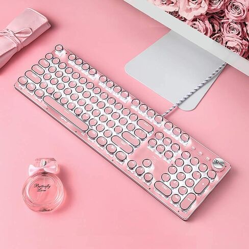 CC MALL Gaming Keyboard,Retro Punk Typewriter-Style, Blue Switches, White Backlight, USB Wired, for PC Laptop Desktop Computer, for Game and Office, Stylish White Mechanical Keyboard in Saudi Arabia
