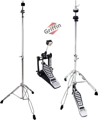 GRIFFIN Drum Hardware Kit (Percussion TiltPro X Edition) 3 Pack – Hi-Hat Stand, Bass Kick Pedal & Cymbal Stand – Chrome Full Size Set for Portable Gigging Drummers in Saudi Arabia