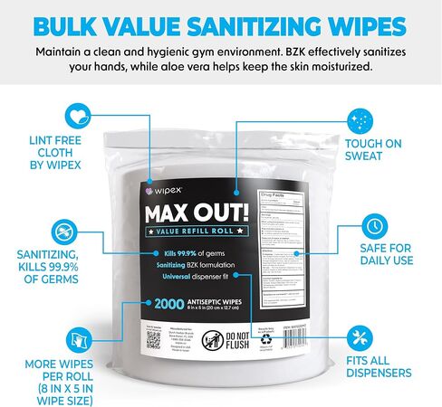 Wipex Max Out Sanitizing Wipes for Fitness Centers - 2000 Wipes Per Roll, Pack of 2, Economy Size Refill Rolls for Dispensers, 5"x8" - Ideal for High Volume Commercial Gyms, Schools & Studios in Kuwait