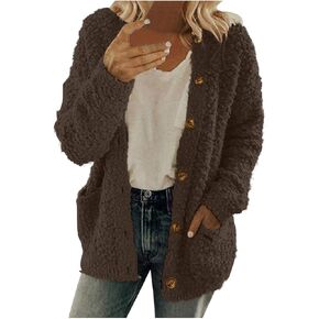 Fuzzy Fleece Jacket Women Warm Button Down Sherpa Jackets Casual Open Front Cardigan Trendy Winter Coats with Pockets in Saudi Arabia