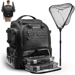 Fishing Backpack with Rod Holder & Foldable Net - 40L Fishing Tackle Backpack, 2 Tackle boxes, Hiking Bag with Waterproof Rain Cover, Extra Storage Compartments in Saudi Arabia