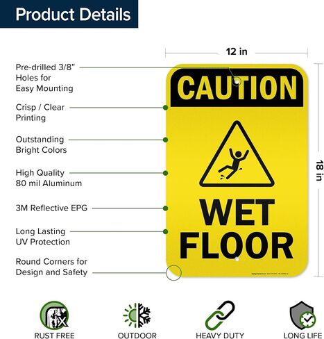 Caution Wet Floor Sign, 12x18 Inches, 3M EGP Reflective .063 Aluminum, Fade Resistant, Made in USA by My Sign Center in Kuwait