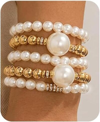 Gold Bracelets for Women Non Tarnish Gold Beaded Bracelet Stretch Bead Ball Bracelet Sets Trendy Stackable Layered Pearl Cross Bracelet Gold Jewelry for Women in Kuwait