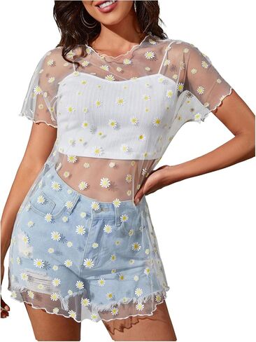 Wdirara Women's Floral Mesh Cover Up Short Sleeve Beach Text Coverups in Kuwait