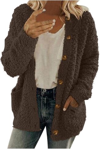 Fuzzy Fleece Jacket Women Warm Button Down Sherpa Jackets Casual Open Front Cardigan Trendy Winter Coats with Pockets in Saudi Arabia