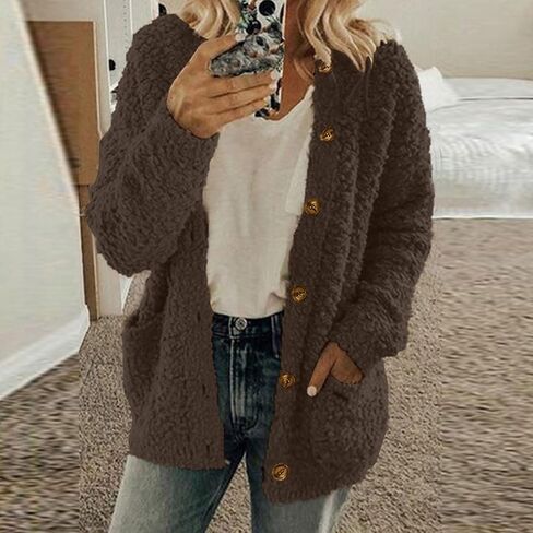 Fuzzy Fleece Jacket Women Warm Button Down Sherpa Jackets Casual Open Front Cardigan Trendy Winter Coats with Pockets in Saudi Arabia