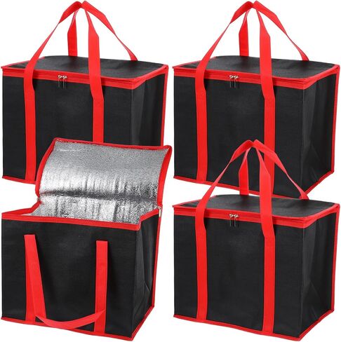 4 Pack Insulated Reusable Grocery Shopping Bags, X-Large Cooler Bag and Food Warmer, Collapsible Pizza Delivery Bags Cooler Totes with Zippered Top and Baseboard for Food Delivery, Heavy Duty in Saudi Arabia